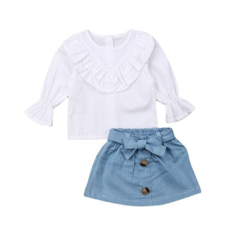 Children's Spring & Autumn Infant Toddler Fresh White Jersey Denim Skirt Suit
