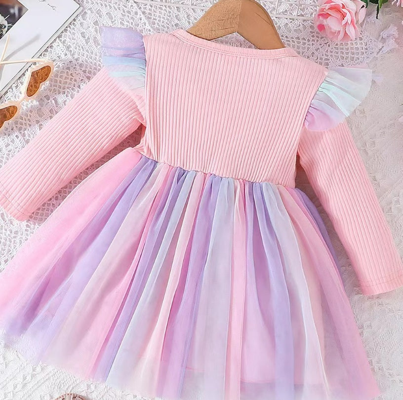 Bow Mesh A- Line Dress Two-color Children's Dress