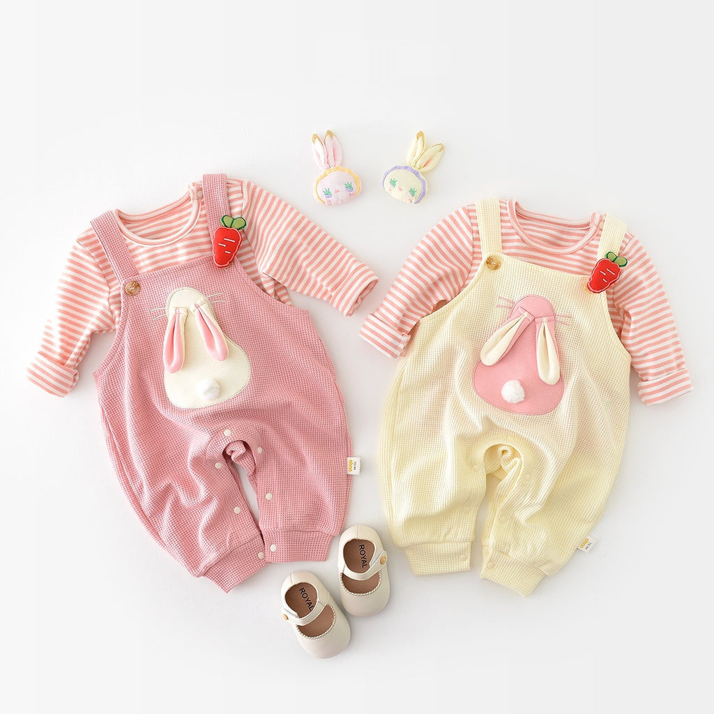 Infant Fashionable Cartoon Bunny Suspender Pants Baby Striped T-shirt Two-piece Set