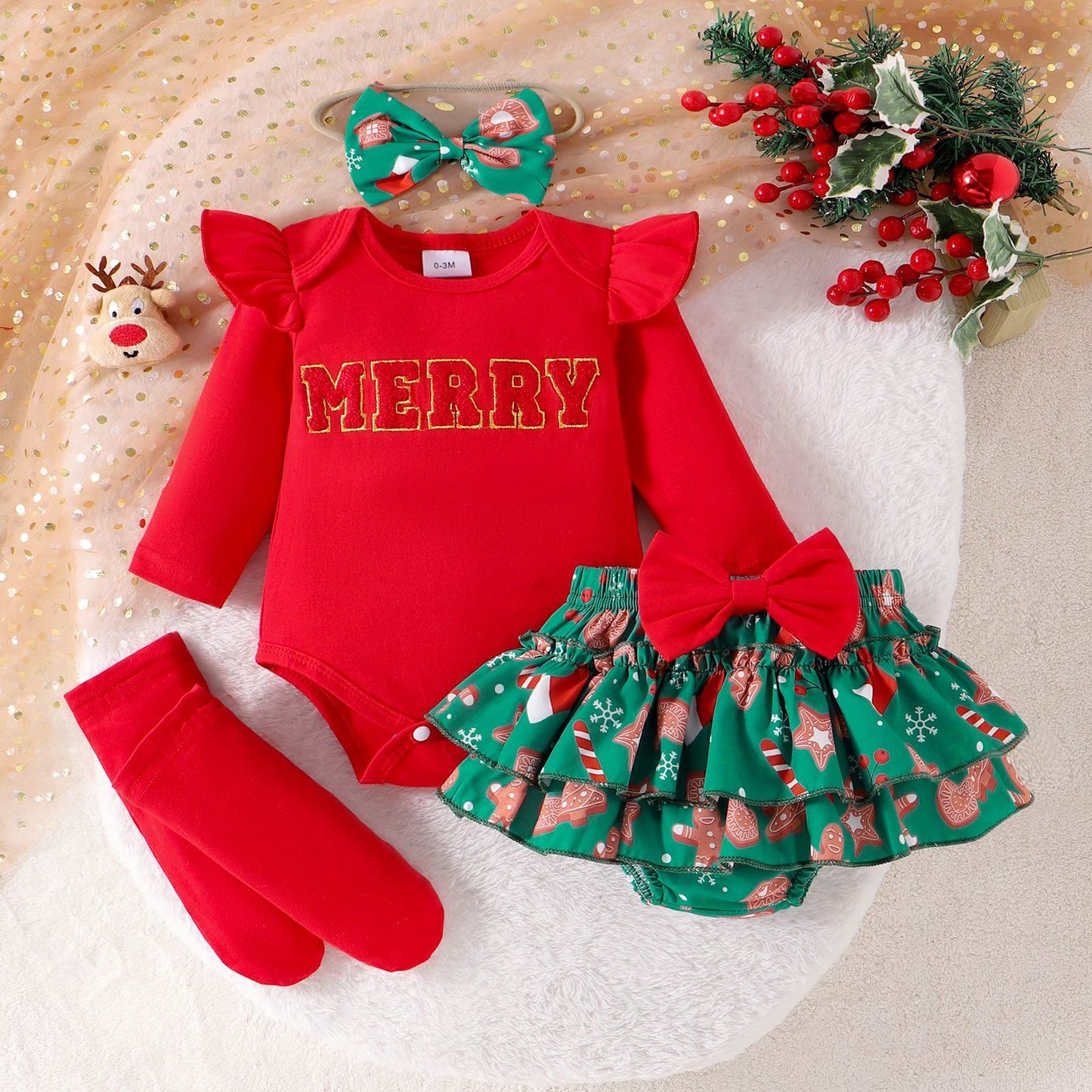 Infant Christmas Striped Letter Print Two-Piece Set - Fall/Winter