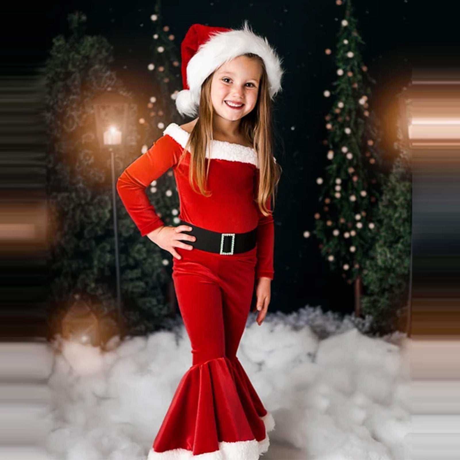 Girls' Christmas Long-sleeved Top, Bell Bottoms & Hat 3pc Set