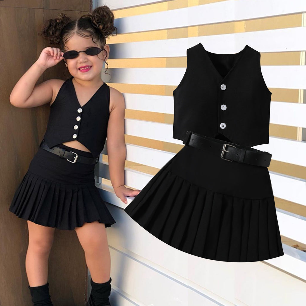 Girls' Fashionable V-neck Solid Color Single-breasted Vest Top Pleated Skirt Belt 3pc Set