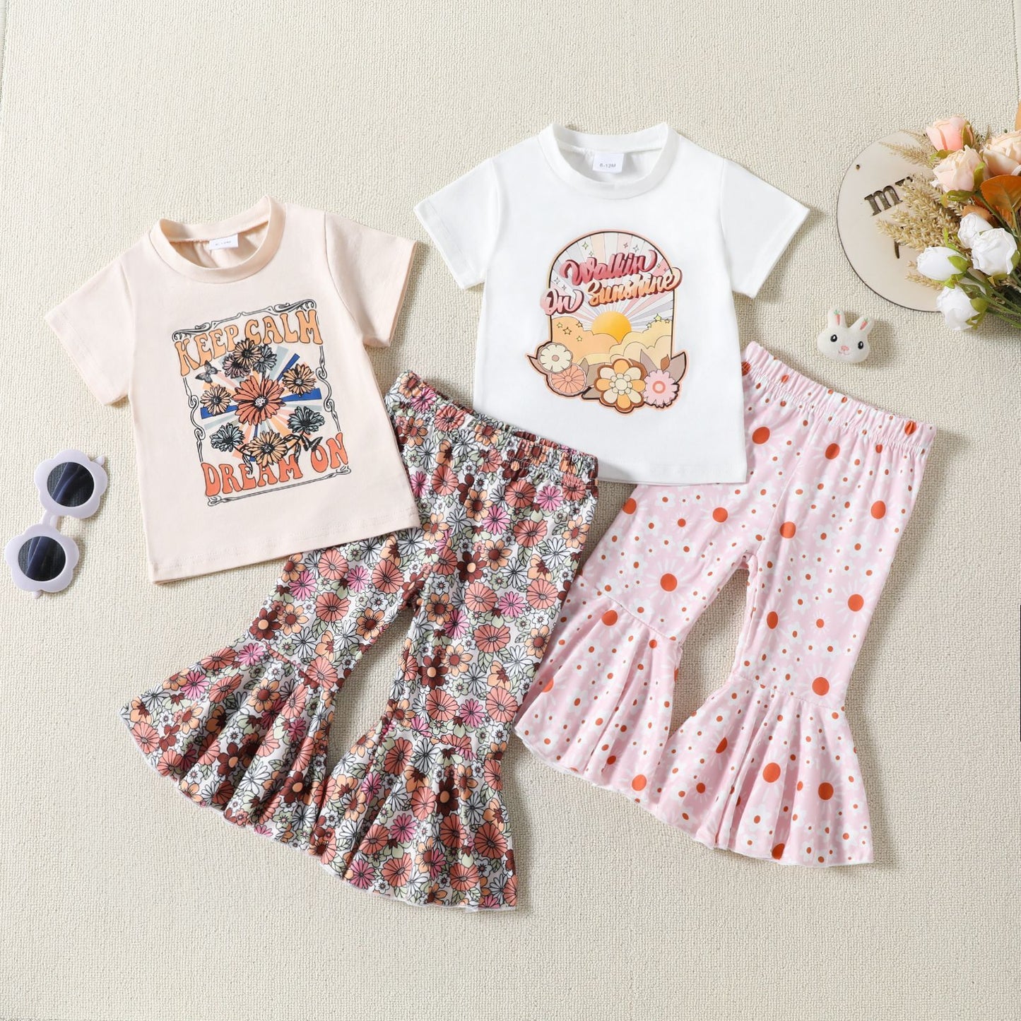 Girls' Flower Print T-shirt Bell-bottom Pants Summer 2pc Set
