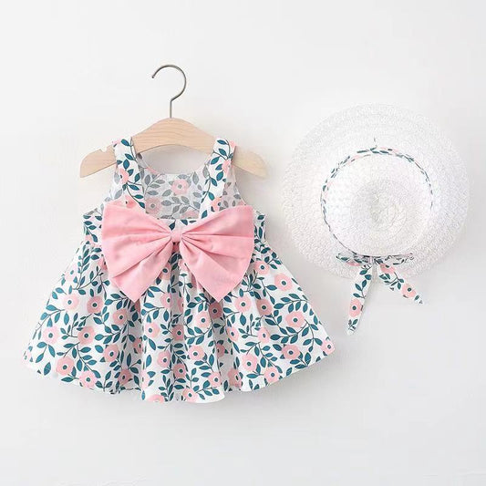 Summer Baby Girl Big Bow Sleeveless Print Dress With Hat 2pc Set