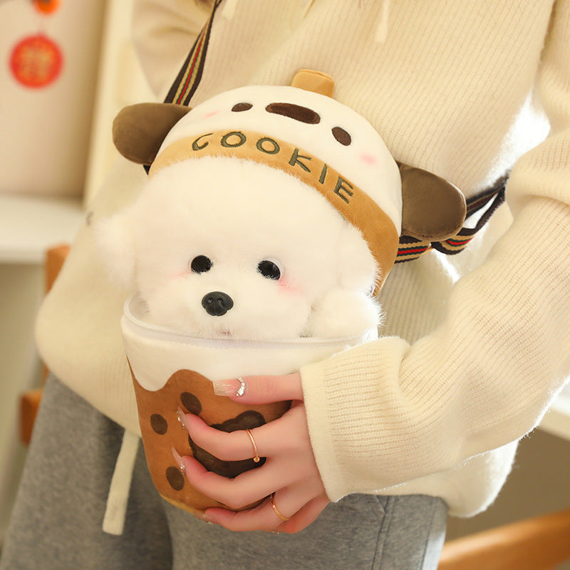 Milky Tea Cup Dog Crossbody Shoulder Bag Doll Plush Toy