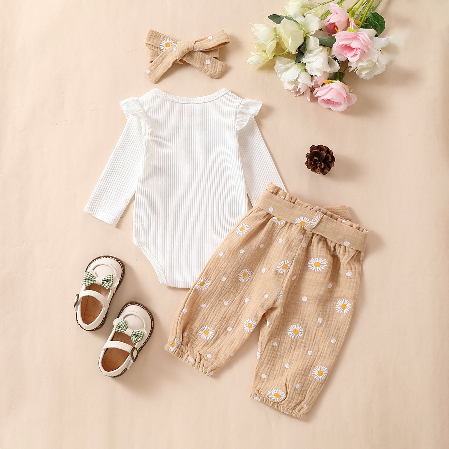 Baby Girls' Simple And Versatile Bow Three Piece Set