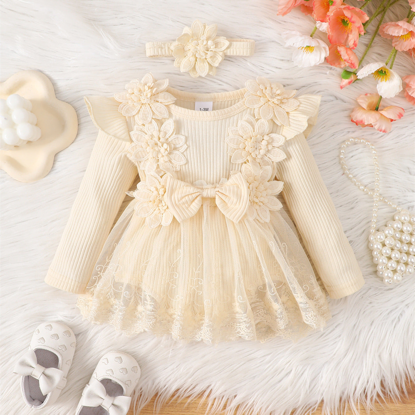 Infant Toddler Lace Flower Long Sleeve Jumpsuit Princess Princess Dress