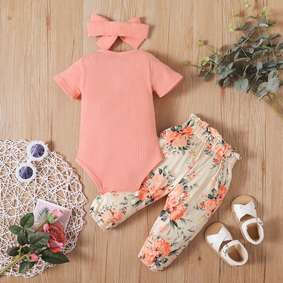 Baby Sunken Stripe Short Sleeve Onesie With Printed Pants & Headband 3pc Set