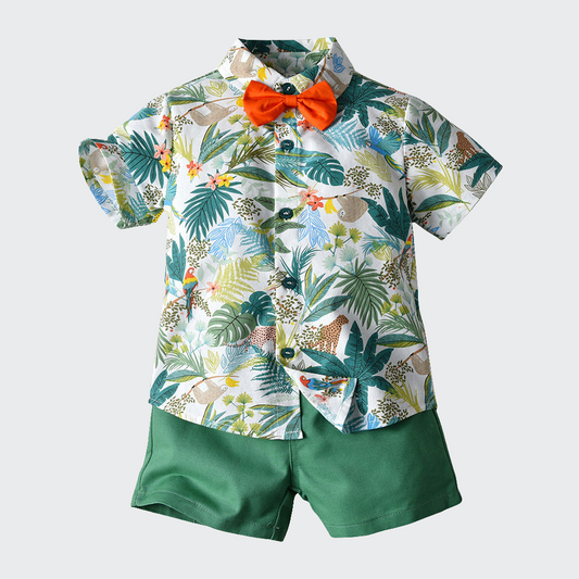 Tropical Short Sleeve Printed Shirt Boys' Shorts Casual 2pc Set, Multiple Designs To Choose From