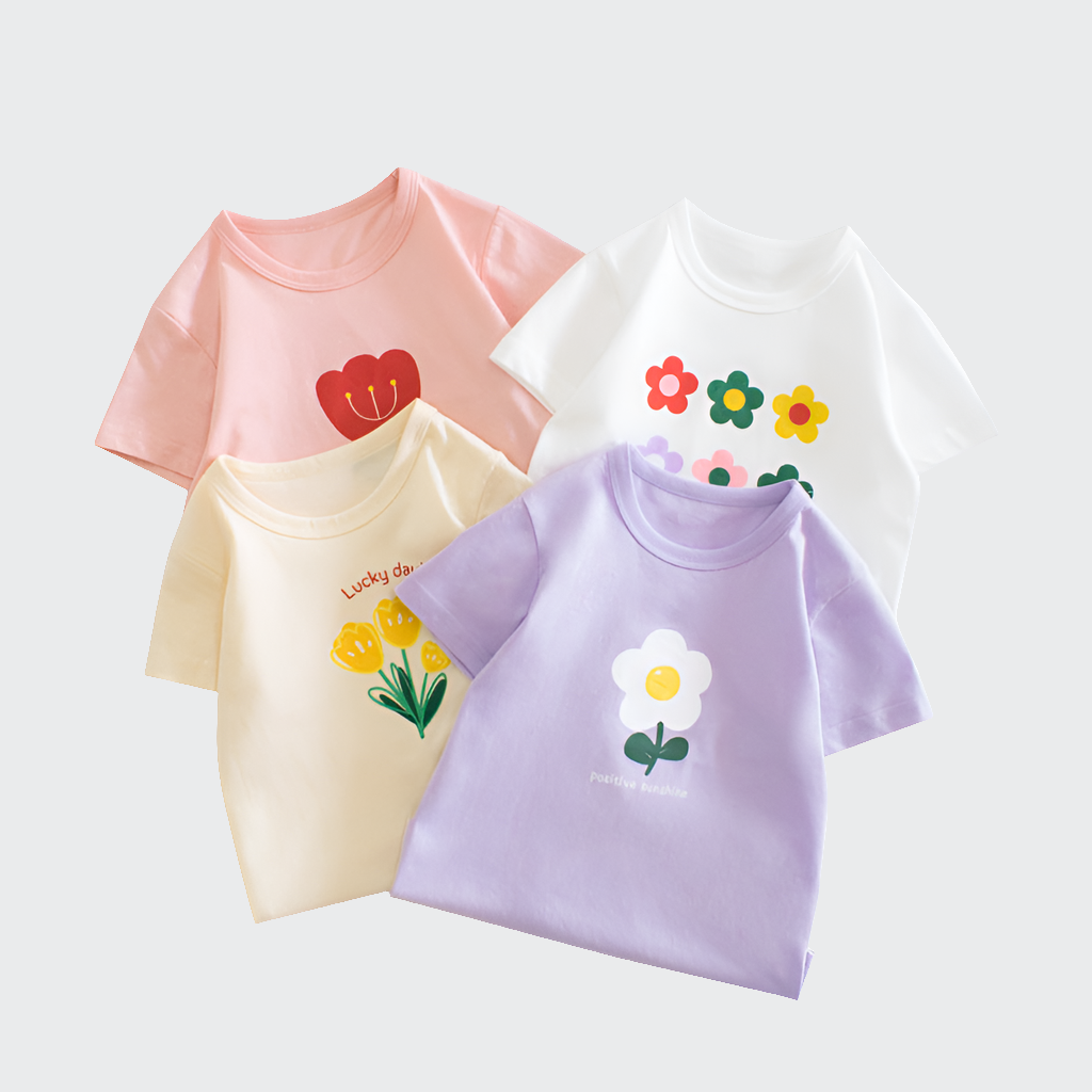 Short-sleeved T-shirt For Girls, Flower Print Top