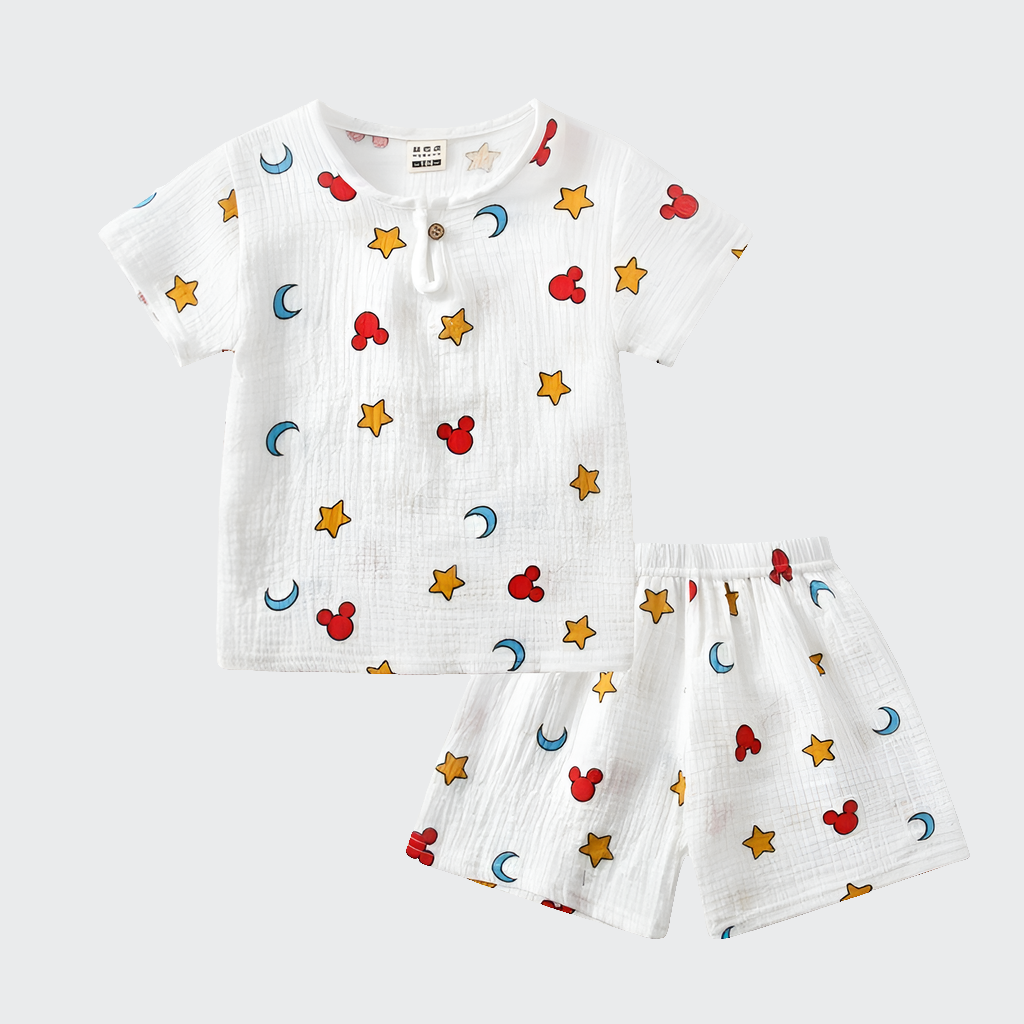 Boy Cotton And Linen Short Sleeve Shorts Suit Round Neck Cartoon Printing