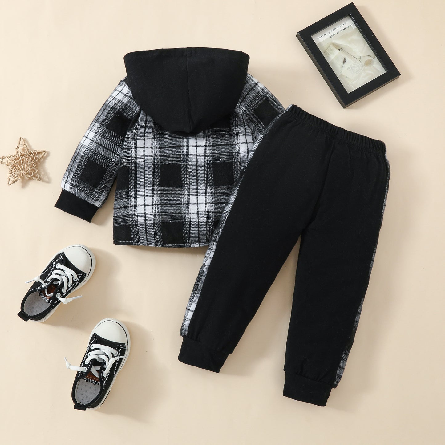 Toddler Baby Boy Classic Plaid Hooded Long Sleeve Shirt Contrast Color Trousers Suit