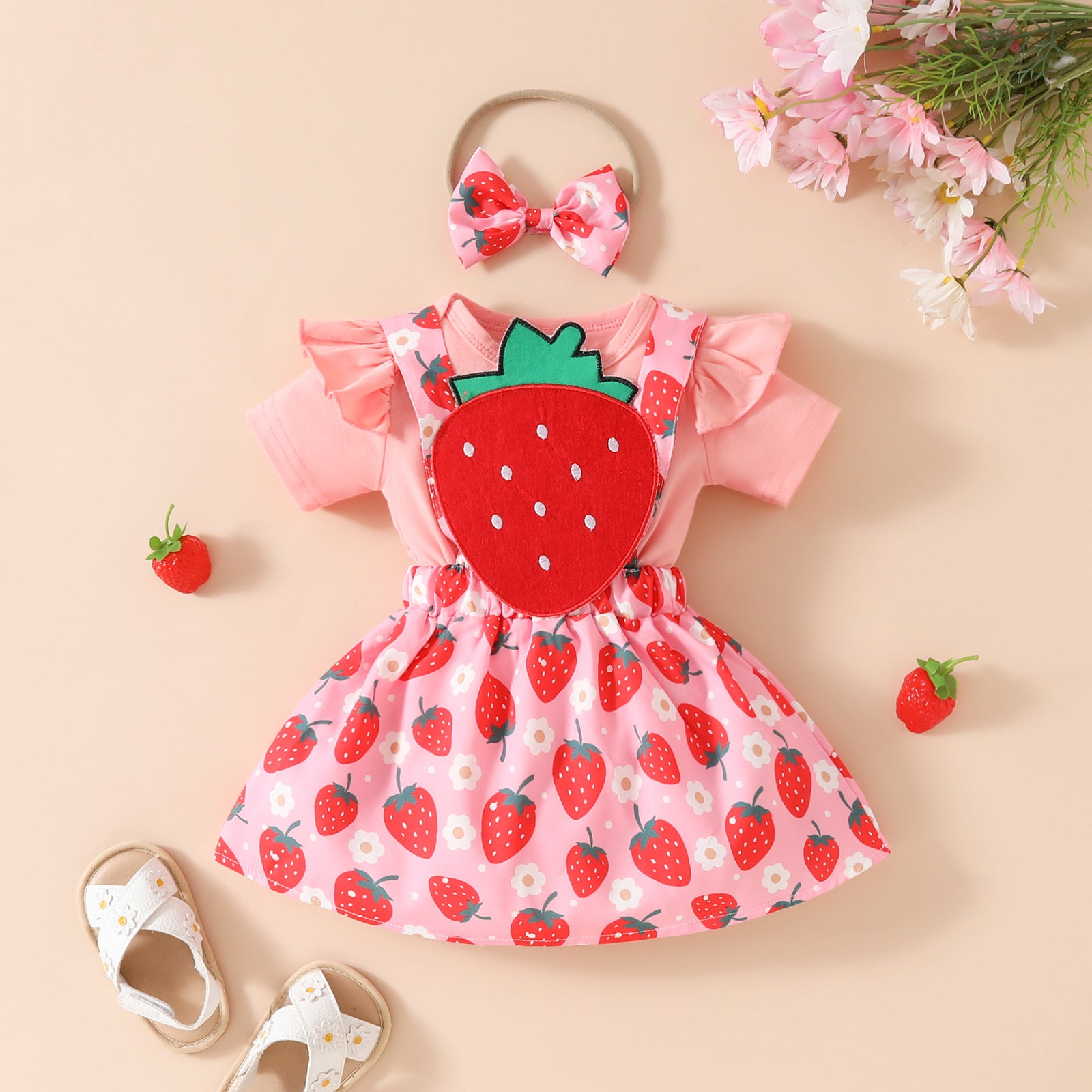 Baby Girl's Summer Short-sleeved Top Suspender Skirt Suit Set