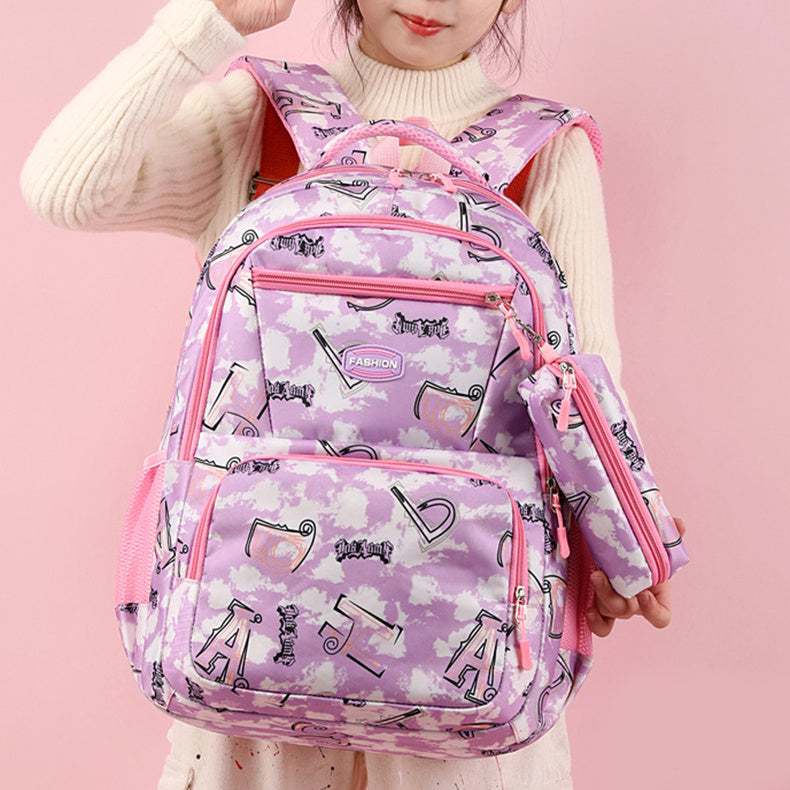 New Letter Print Backpack With Pencil Case, Primary School Students Schoolbag For Girls