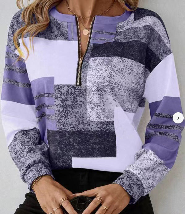 Round Neck Half Zipper Casual Style Polo Shirt Irregular Geometric Top