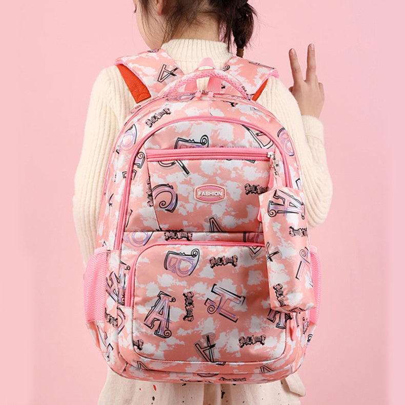 New Letter Print Backpack With Pencil Case, Primary School Students Schoolbag For Girls