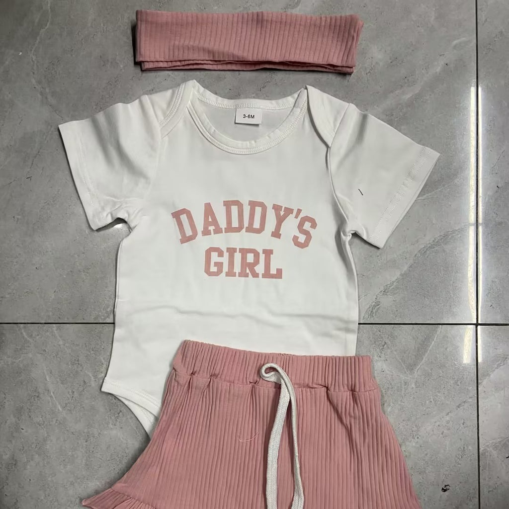 Girls' Letter Print Short-sleeve Onesie Shorts Headboard 3pc Set