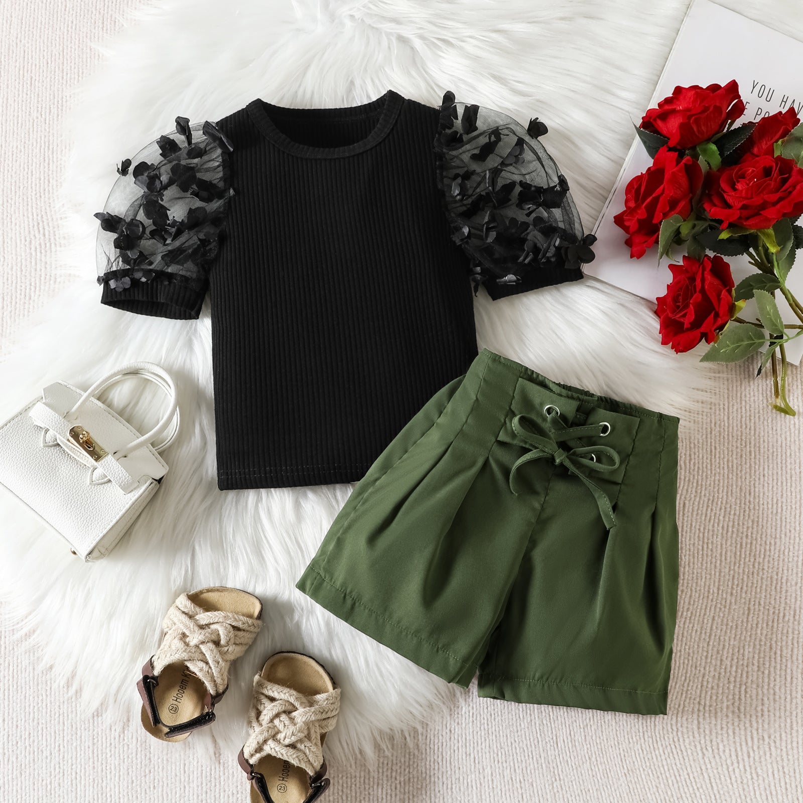 Girls' Summer Mesh Petals Short Sleeve Top & Shorts Set