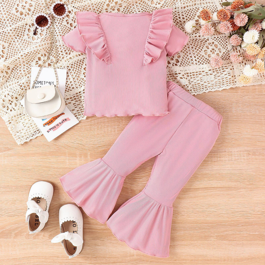 Baby/Toddler Girls' Sweet Leisure Solid Color Short Sleeve Top, Bell-bottom Pants 2pc Set