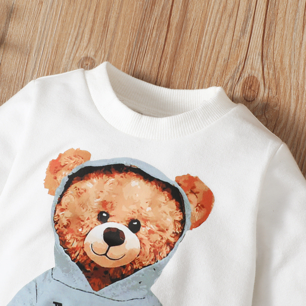 Baby Boys' Bear Print Long Sleeve Pullover And Denim Trousers Suit