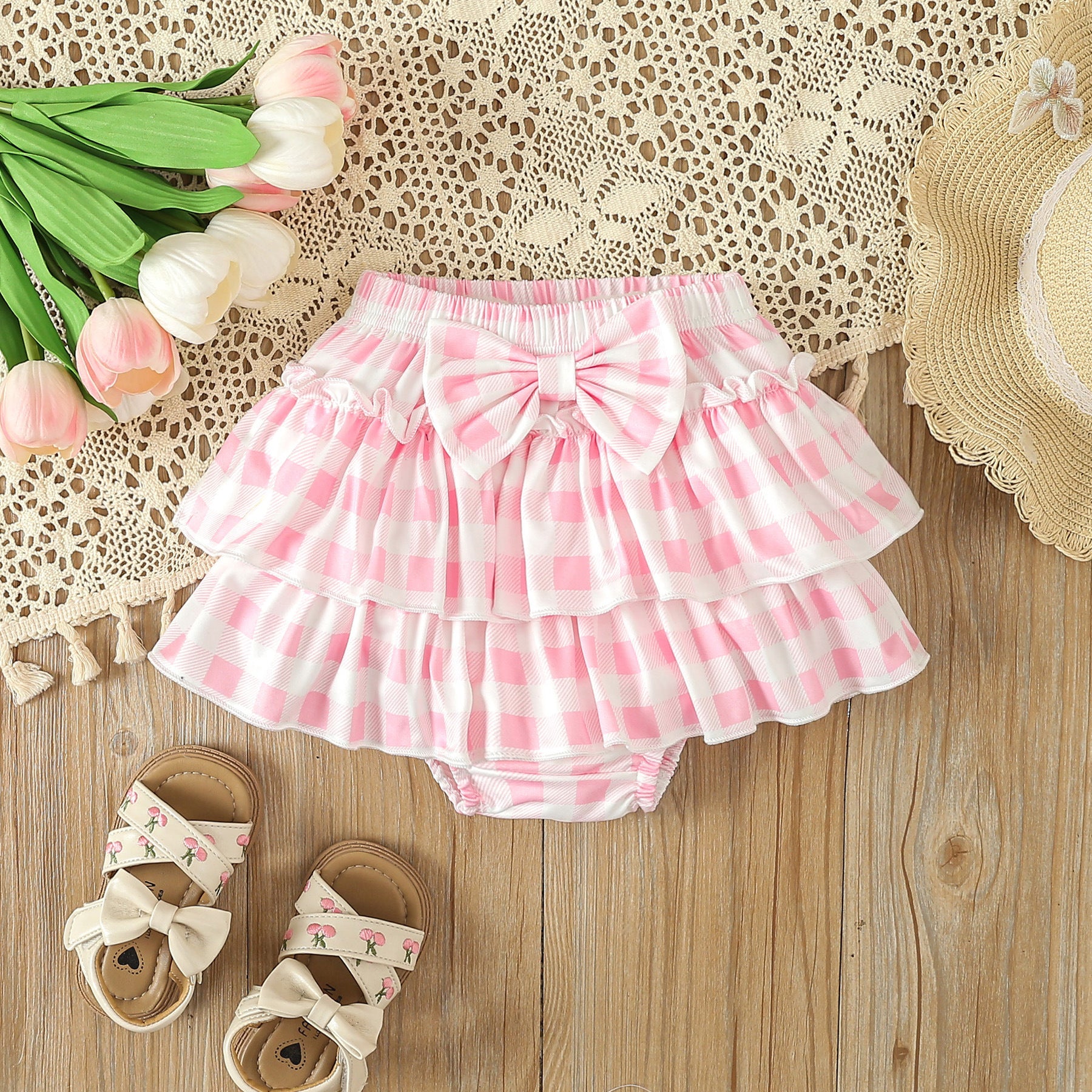 Girls Summer Letter T-shirt Plaid Short Skirt 3pc Set