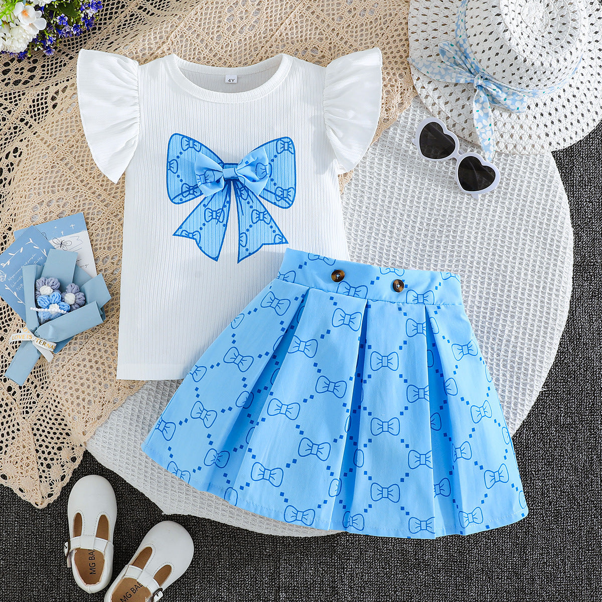 Girls Butterfly-Print Pleated Skirt Set