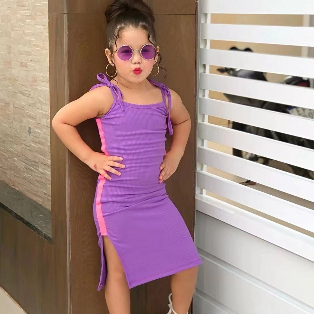 New Children's European & American Leisure Sunken Stripe Sleeveless Sling Dress