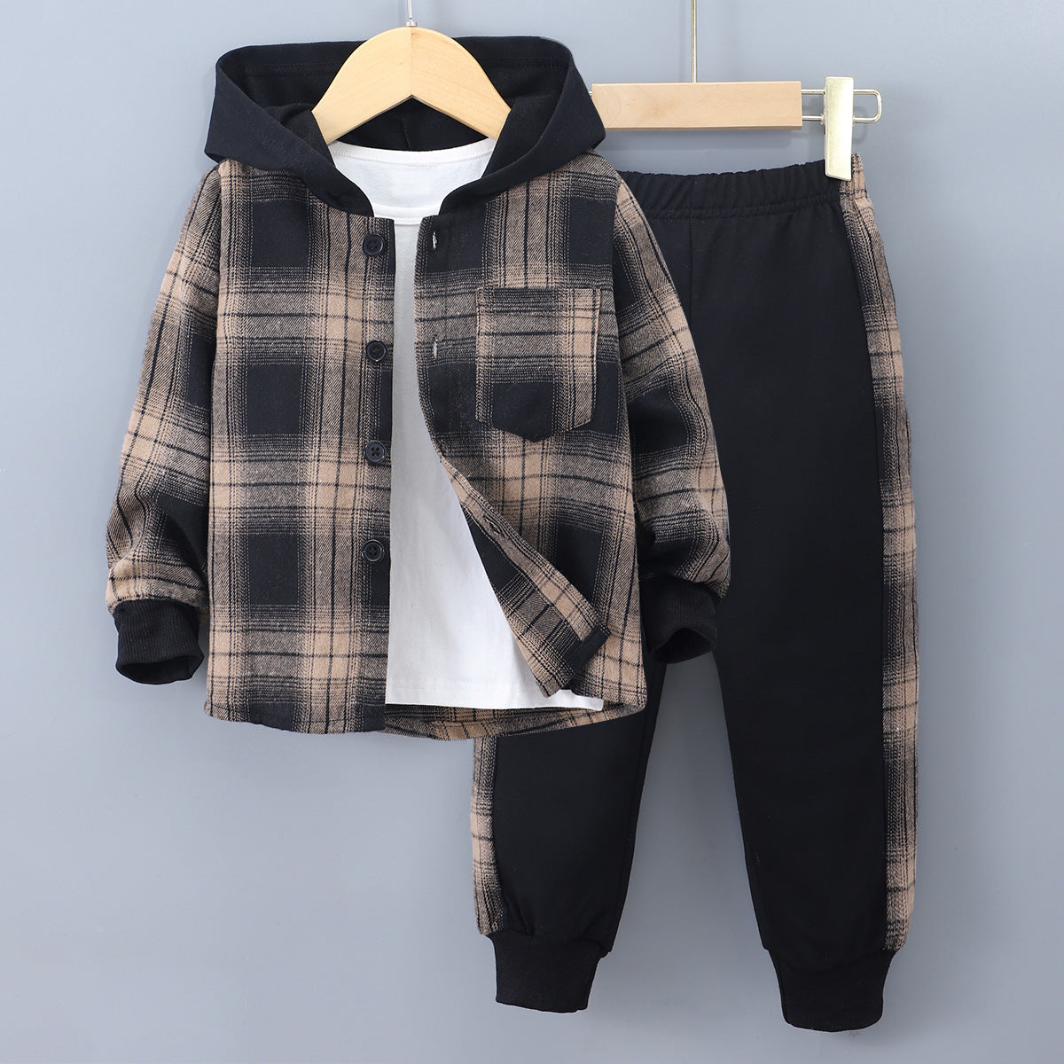 Boys' Long Sleeve Plaid Contrast Color Hoodie Two-piece Set