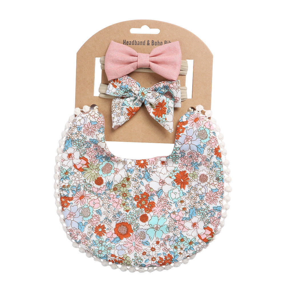 Newborn Baby Cute Floral Cotton Saliva Bib With Headband Set