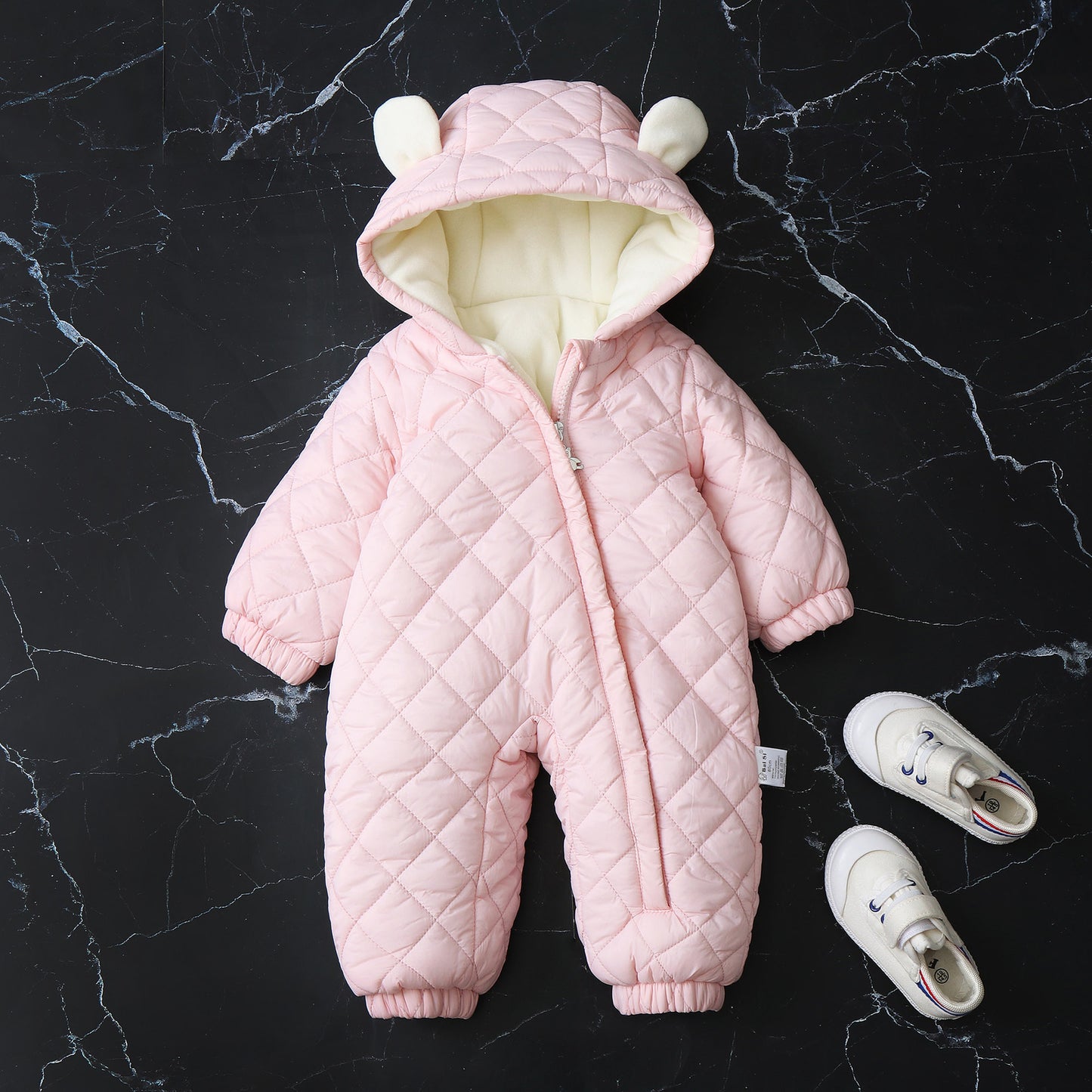 Ear Hooded Fleece-lined Outdoor Baby Onesie