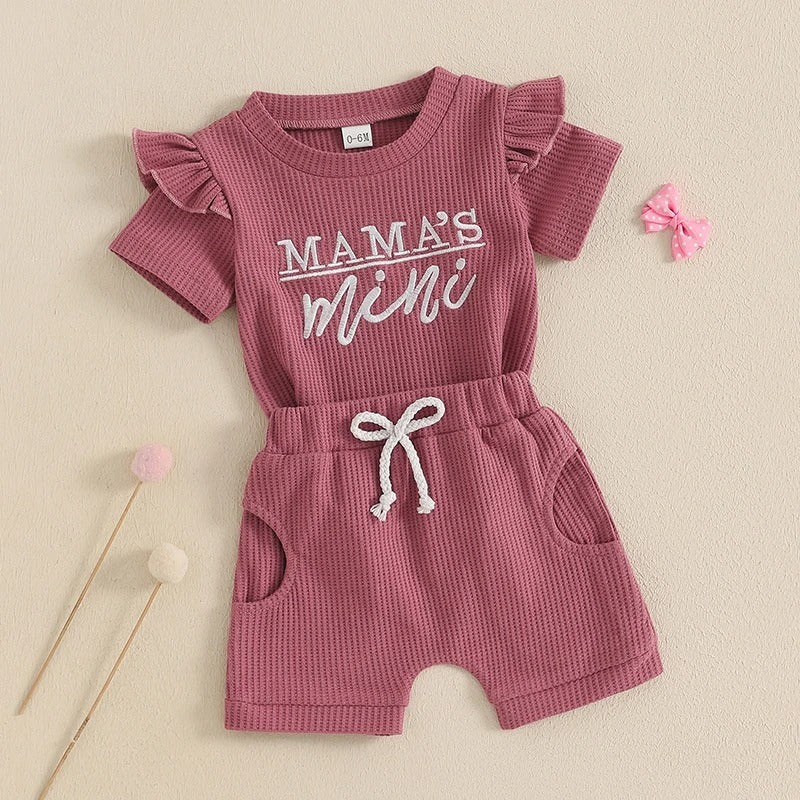 Girls' Summer Fashion Letter I Embroidery Waffle 2pc Set