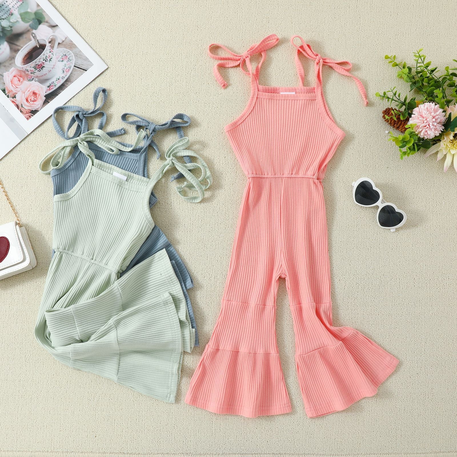 Solid Color Bell-bottom Pants Jumpsuit With Straps