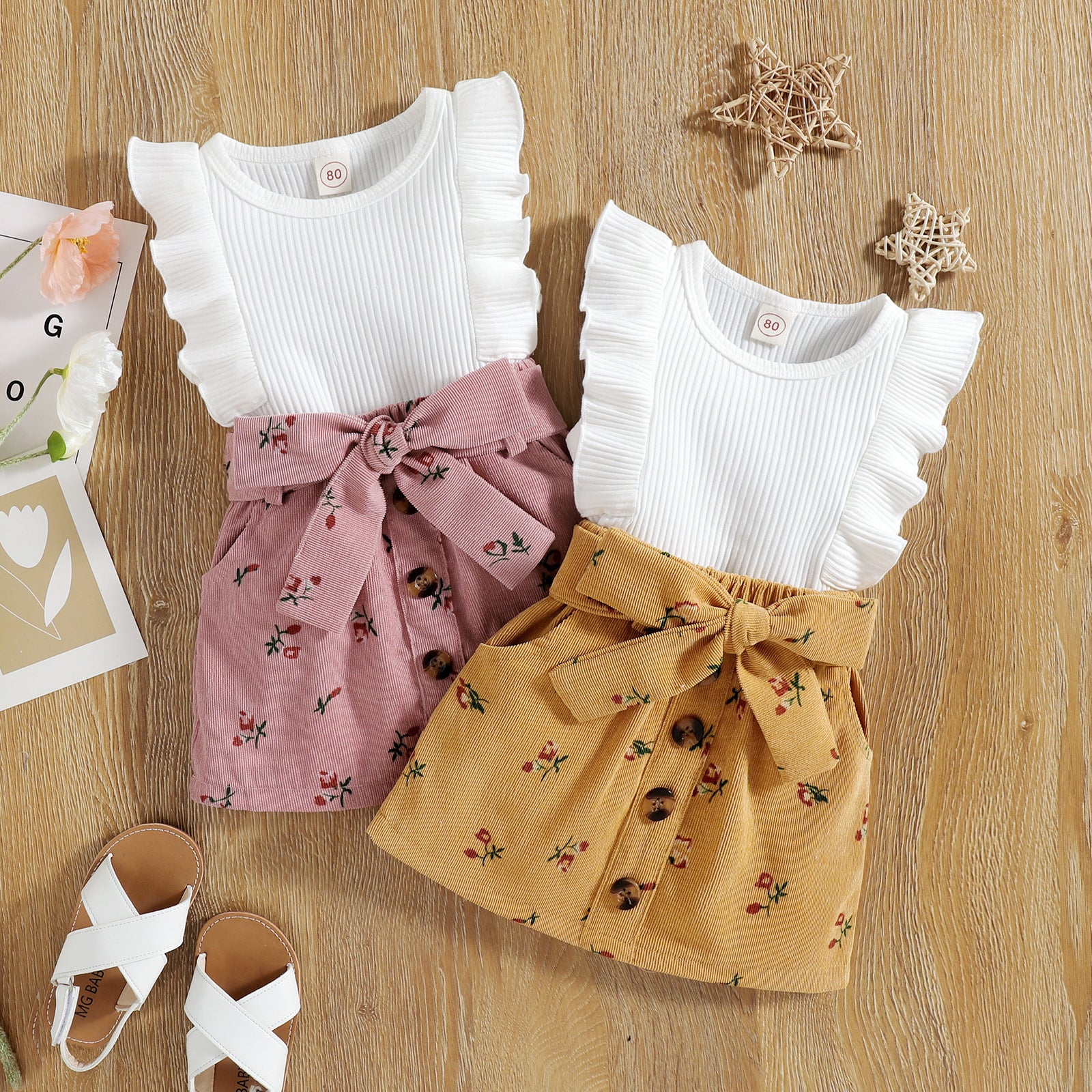 Pit Stripe Flare Sleeveless Floral Corduroy Skirt 2pc Set