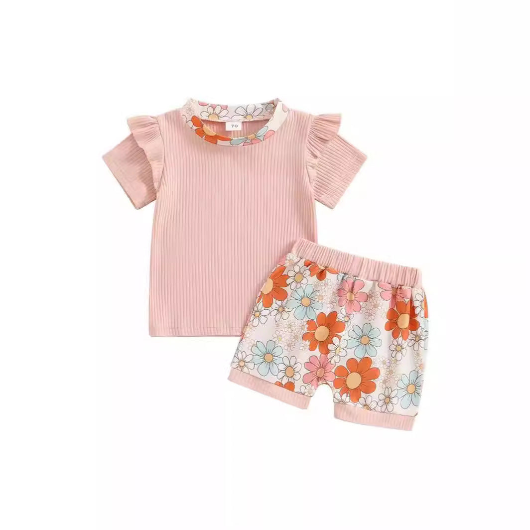 Baby/Girls' Flower Printed Short-sleeved Top Shorts 2pc Set