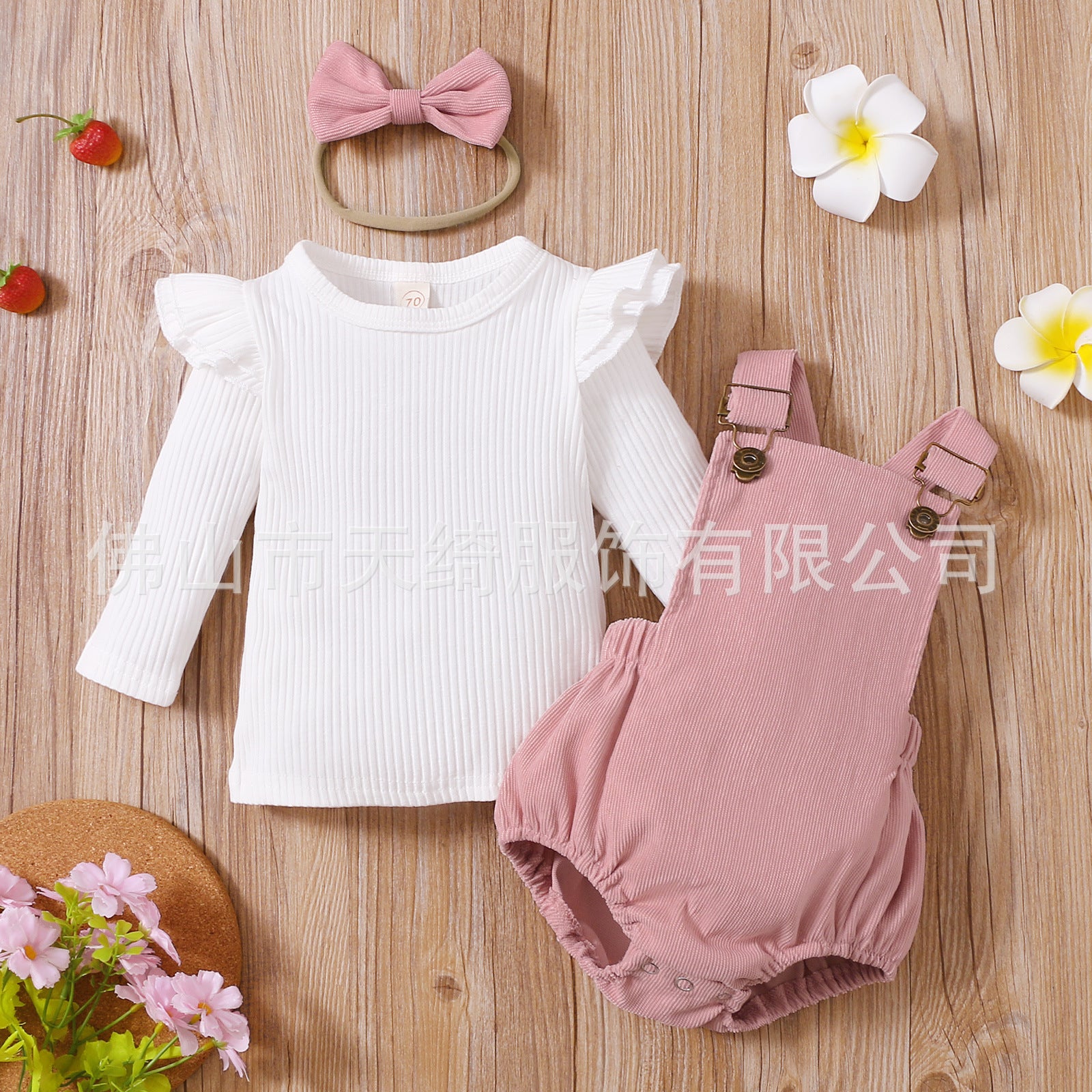 White Long Sleeve Top, Overall Onesie, Headband 3pc Set