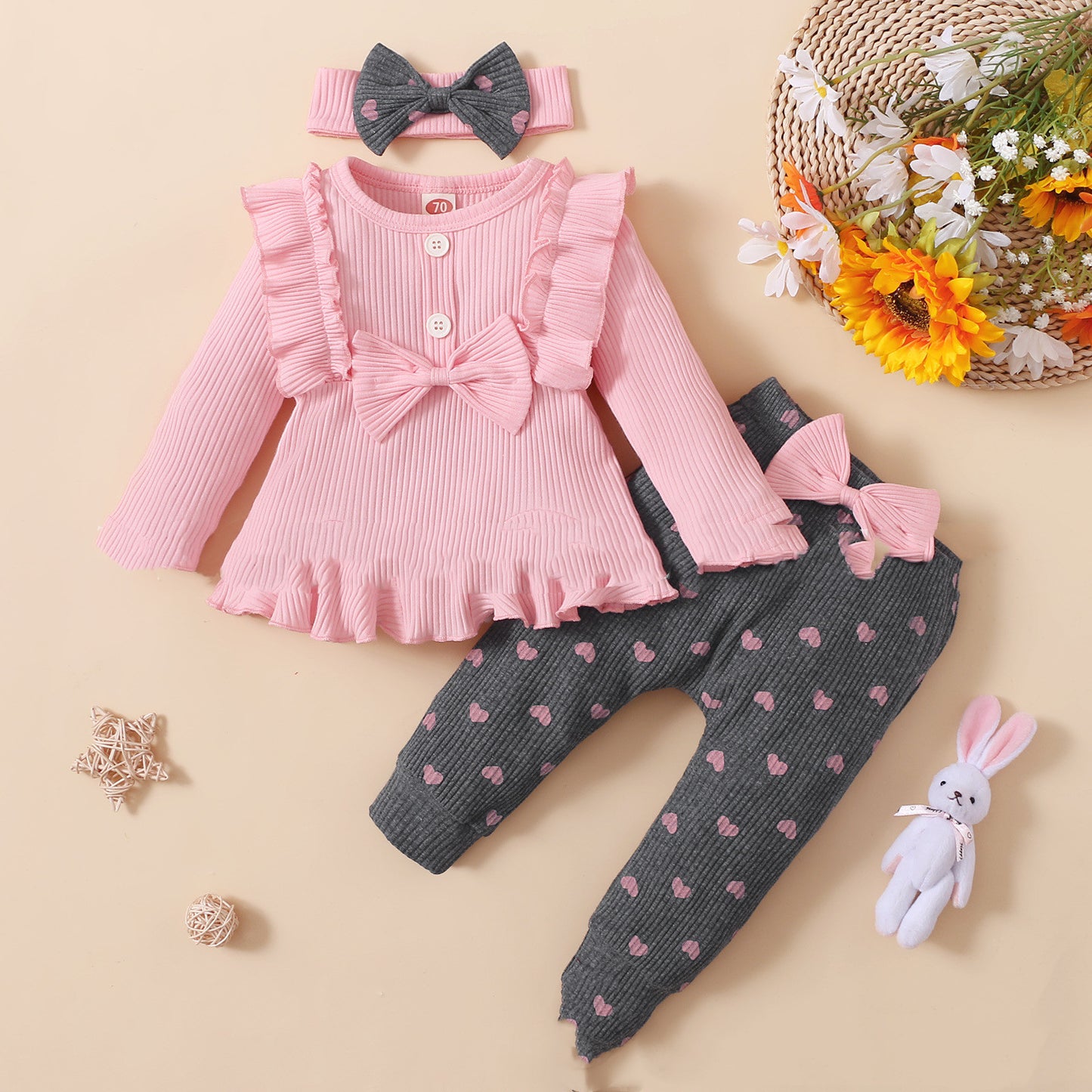 Baby/Toddler Sunken Stripe Top And Printed Peach Heart Leggings 3pc Set