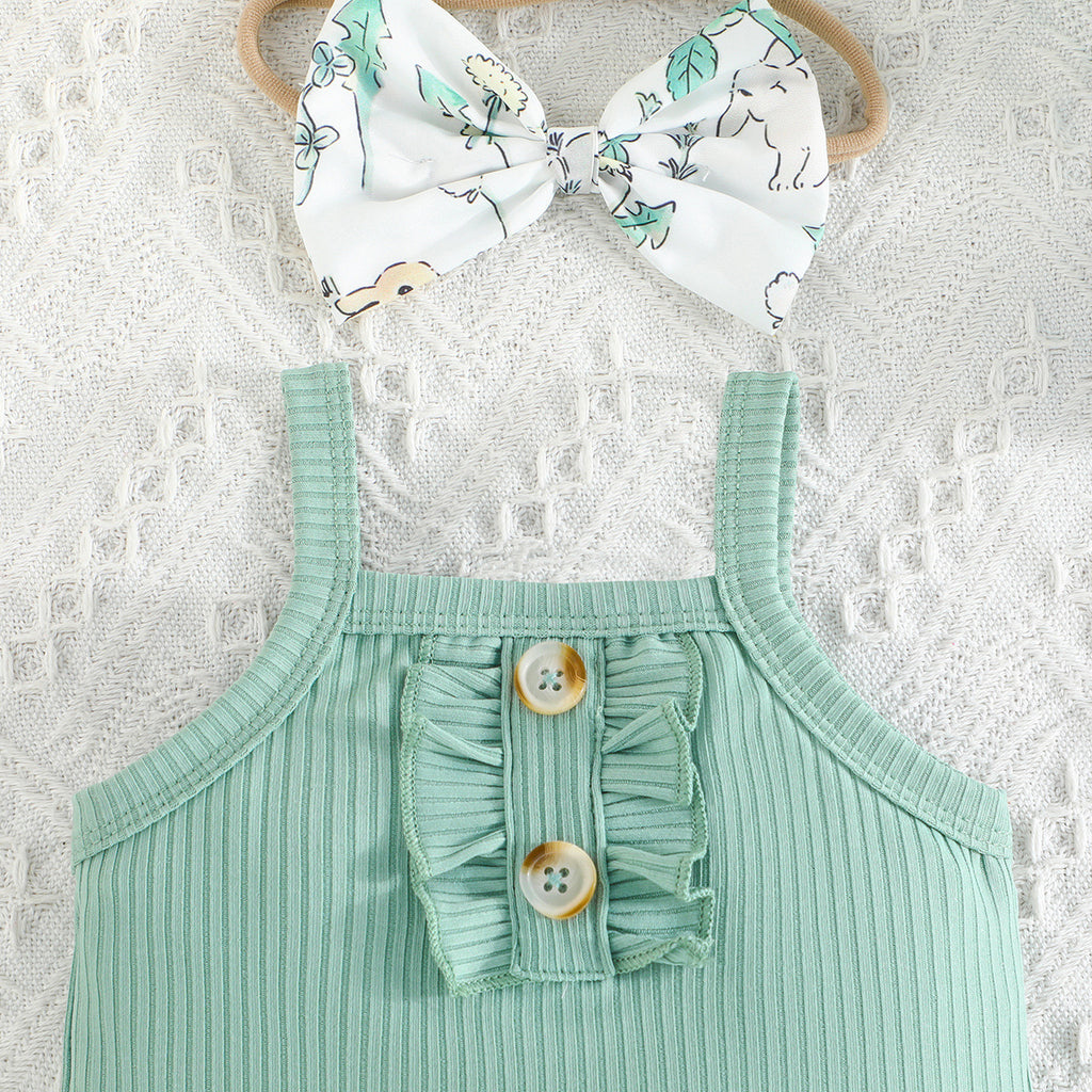 Summer Cute Baby Girl Solid Color Romper Shorts 3pc Set