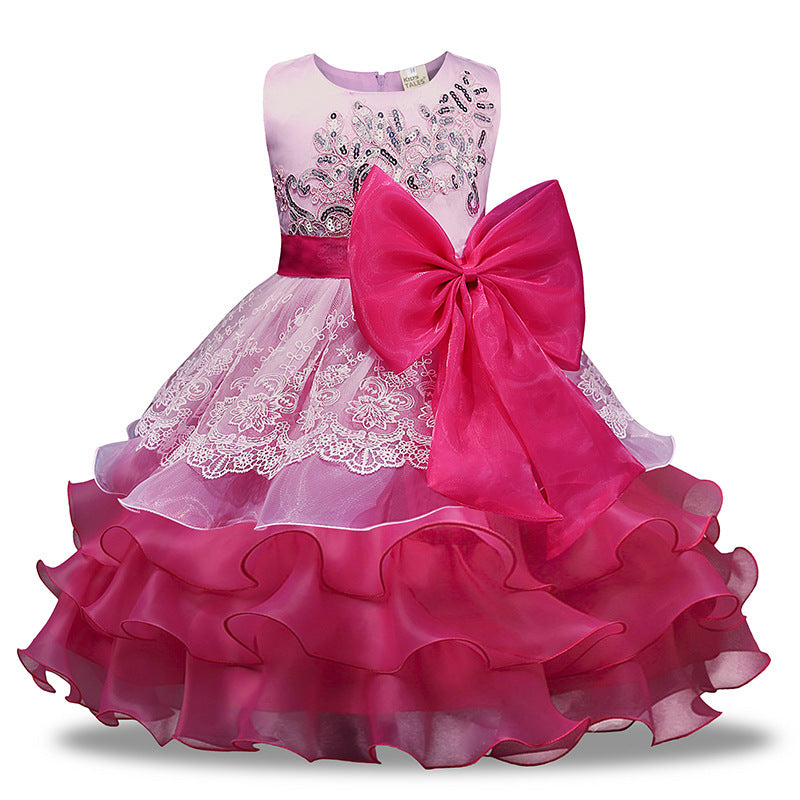 Girls' Sequined Dress With Large Bow & Ruffled Skirt