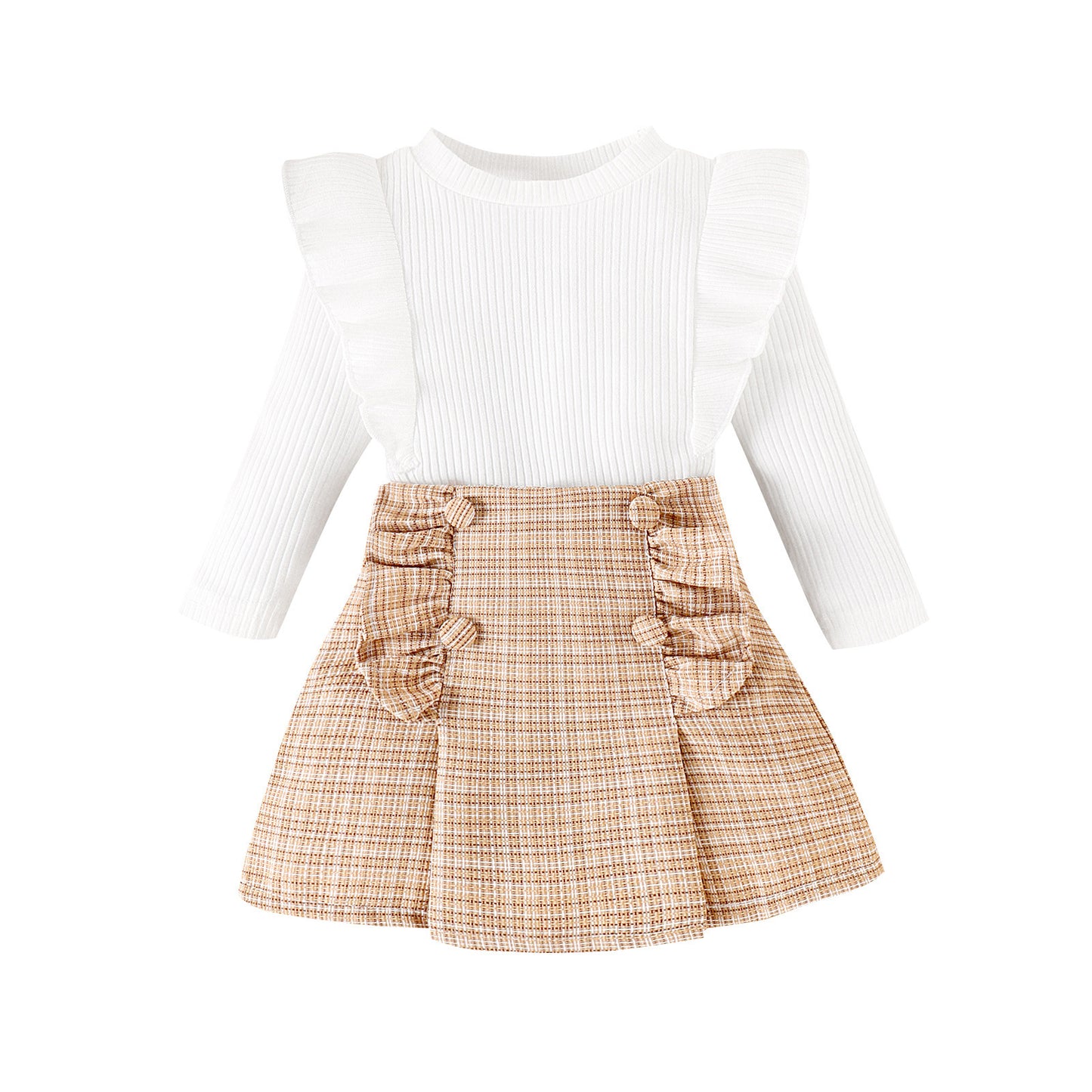 Baby Girls' Ribbed Long Sleeve Classic Style Plaid Short Skirt Two-piece Set