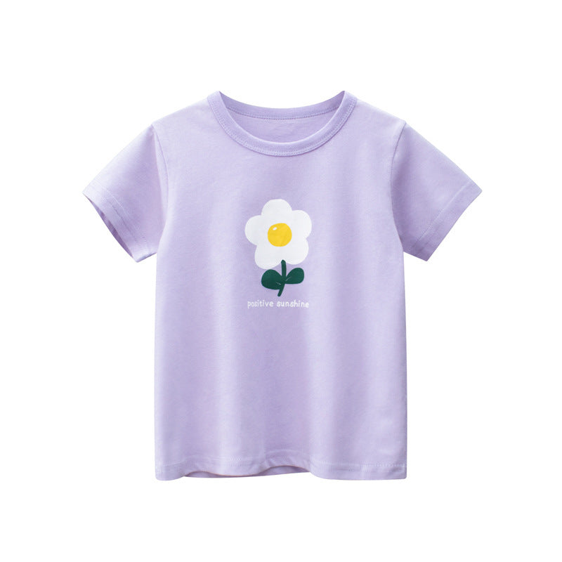 Short-sleeved T-shirt For Girls, Flower Print Top