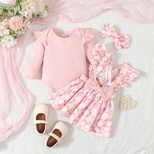 Baby Girl's Simple 3pc Onsie Bow Floral Suspender Skirt