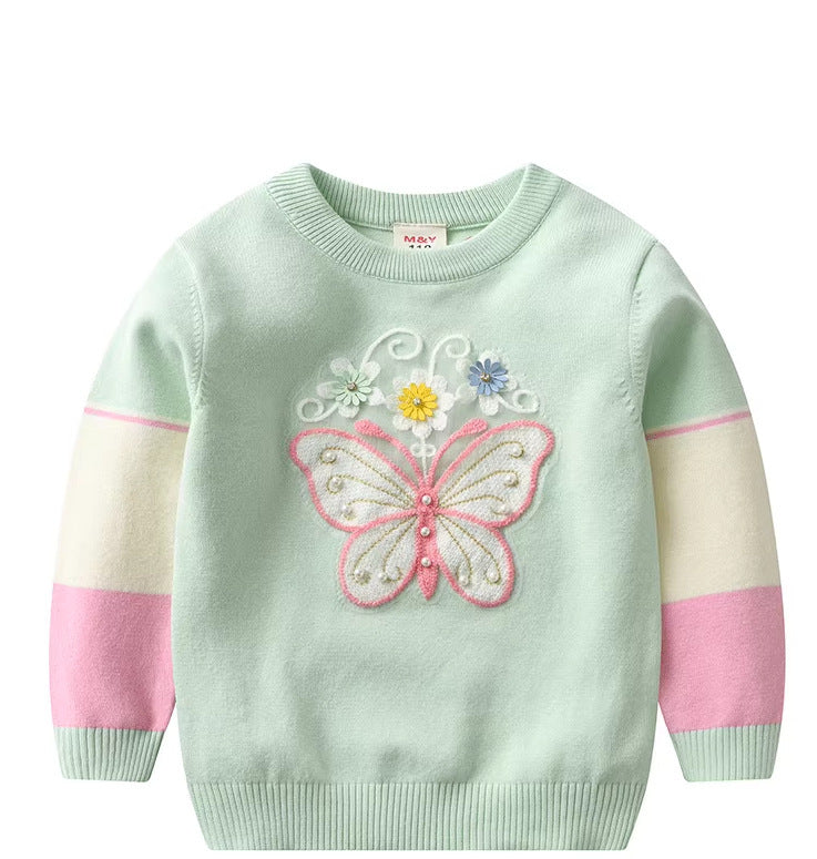 Girl's Butterfly Sweater, Children's Cotton Base Sweatshirt