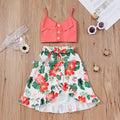 Spring & Summer Little Girls' Sweet Rose Red Suspender Top & Floral Long Skirt