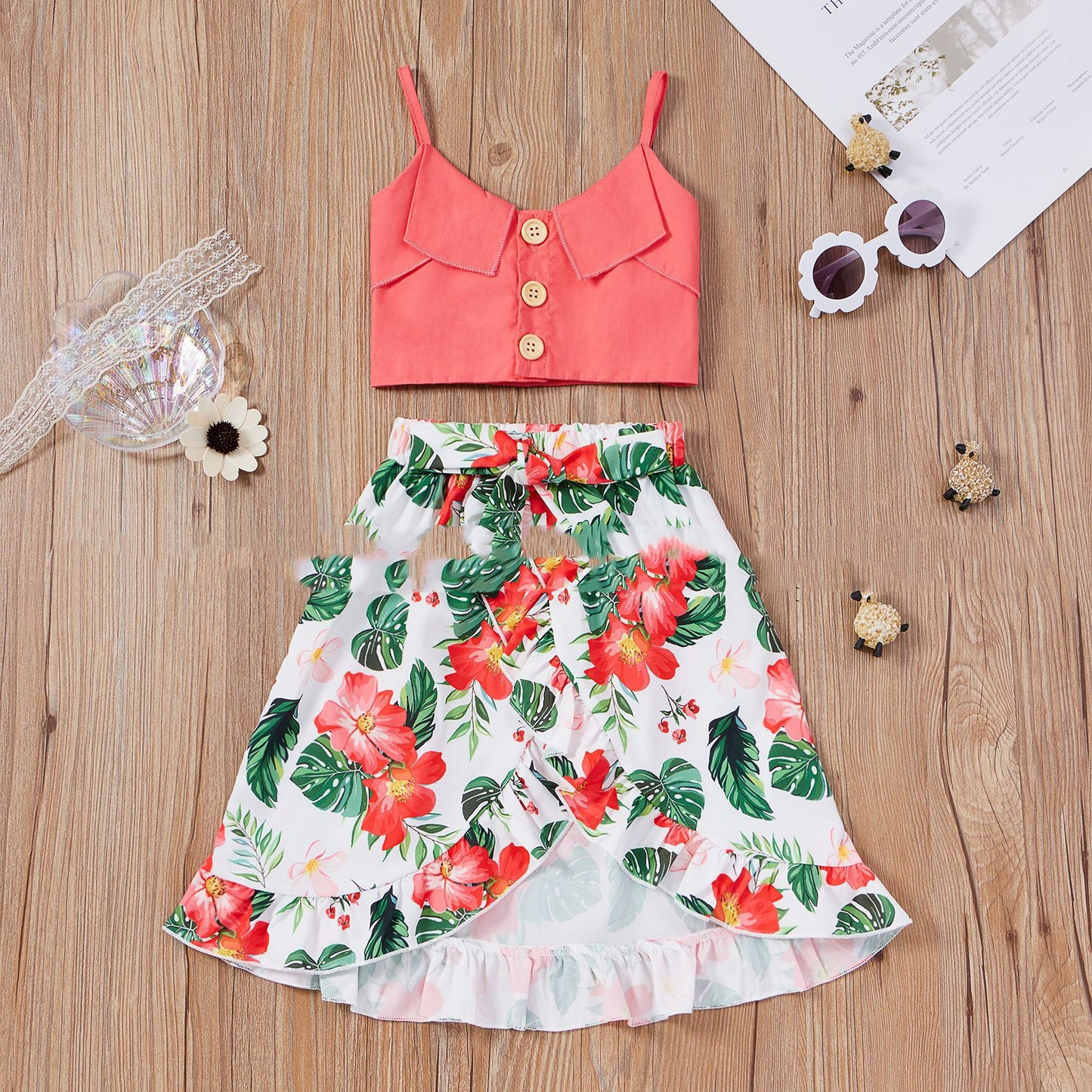 Spring & Summer Little Girls' Sweet Rose Red Suspender Top & Floral Long Skirt