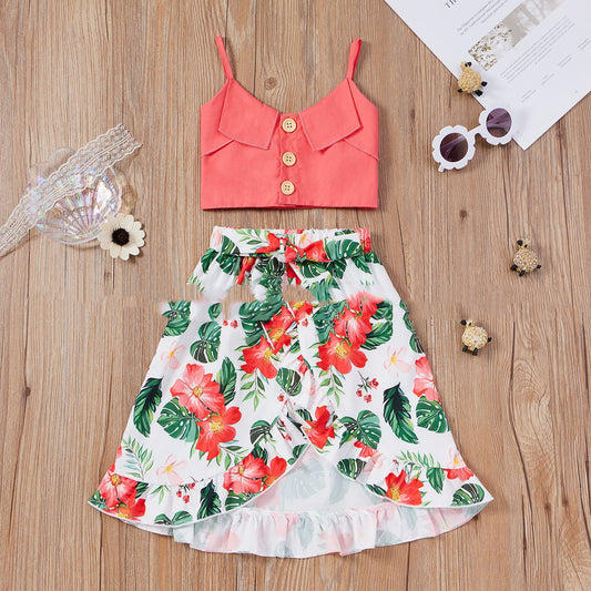 Spring & Summer Little Girls' Sweet Rose Red Suspender Top & Floral Long Skirt