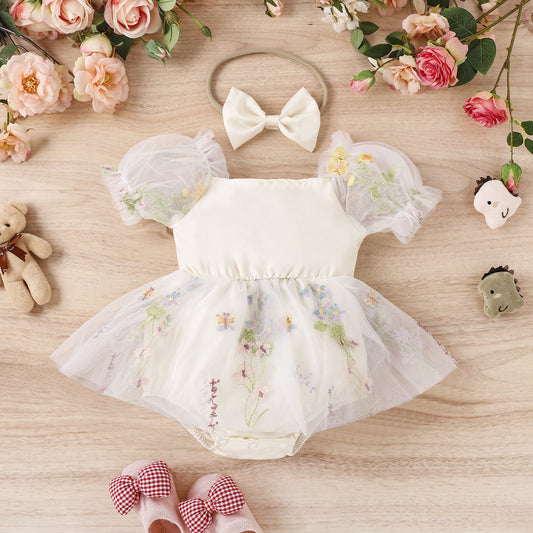 Multi-color Embroidered Skirt Lace Mesh Onesie With Headband