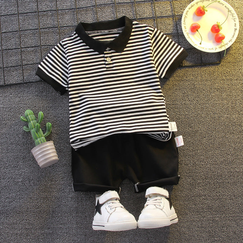 Boys' Short-sleeved Striped Shorts Summer 2pc Suit, Toddler Outfit