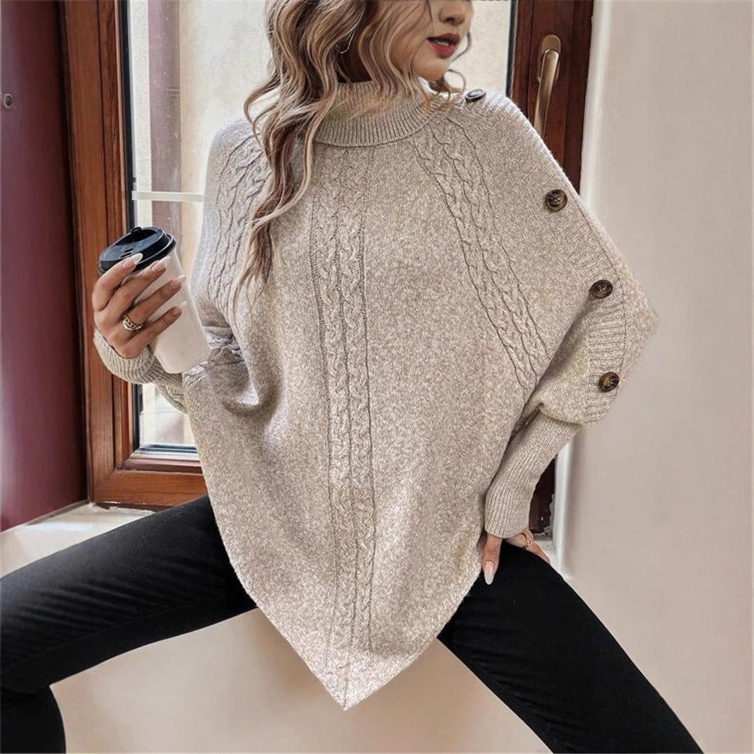 Turtleneck Buttons Decorative Long Sleeve Poncho