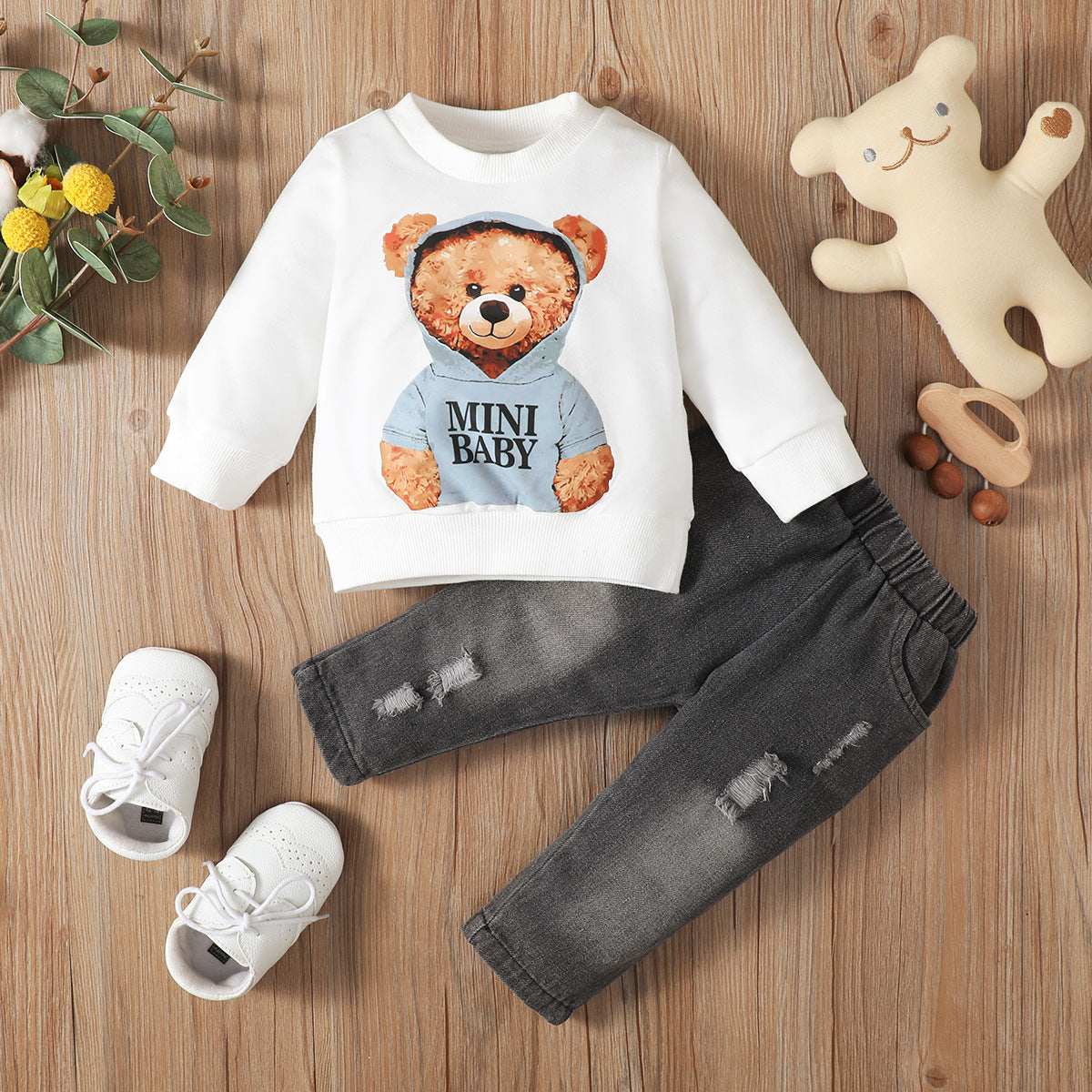 Baby Boys' Bear Print Long Sleeve Pullover And Denim Trousers Suit