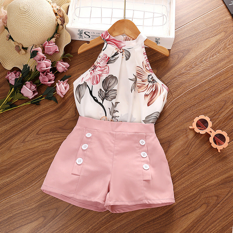 Girl's Summer Printed Halter Top & Shorts Set